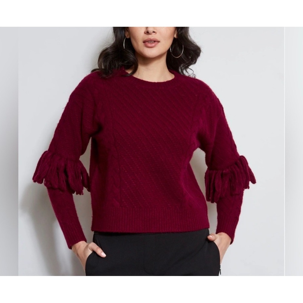 Elie Tahari Wool Cashmere Blend Cable Knit Fringe Sleeve Sweater Womens M